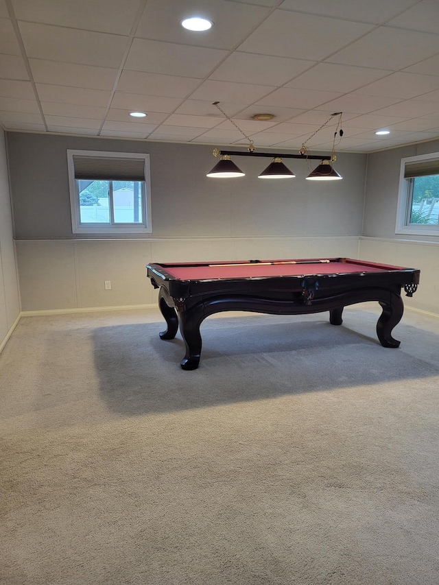 11620 Oregon Ave N, Champlin, MN 55316 - rec room with billiards table, carpet, and a paneled ceiling