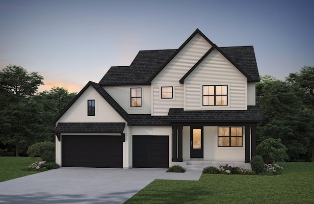 modern farmhouse featuring concrete driveway, a porch, a garage, a yard, and a shingled roof
