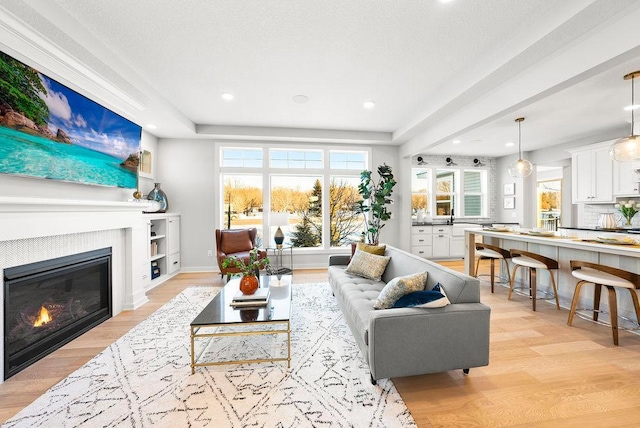 living room with light wood finished floors, baseboards, plenty of natural light, and a glass covered fireplace