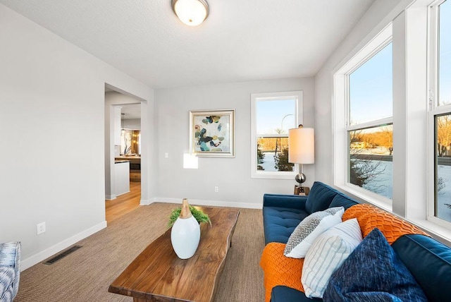 carpeted living area featuring baseboards and visible vents