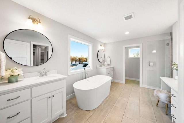 full bathroom with visible vents, a sink, two vanities, and plenty of natural light