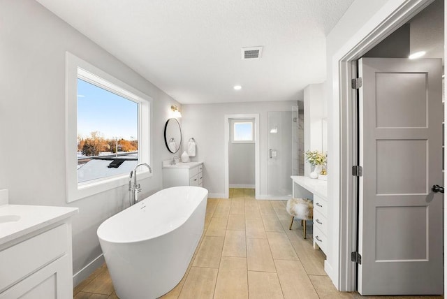 full bath featuring visible vents, baseboards, a freestanding tub, two vanities, and a sink