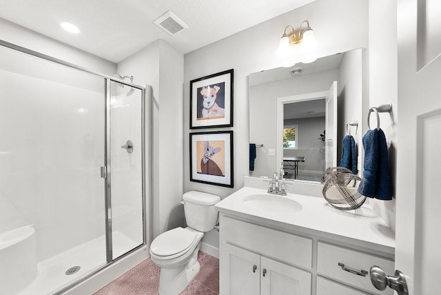 bathroom with a shower stall, visible vents, toilet, and vanity