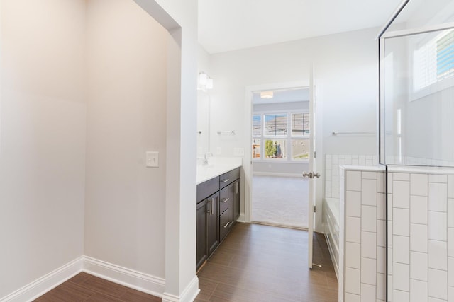 bathroom with baseboards, wood finished floors, and vanity