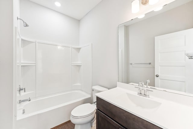 full bath featuring toilet, shower / bath combination, and vanity