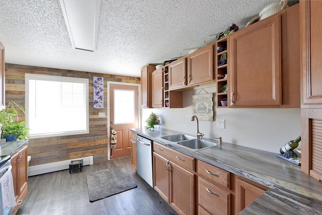 318 Morrison St, West Fargo, ND 58078 - kitchen featuring wooden walls, dark wood-style floors, open shelves, dishwasher, and a sink