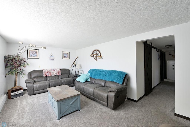 318 Morrison St, West Fargo, ND 58078 - living room with baseboards, light colored carpet, a barn door, and a textured ceiling