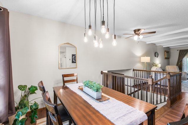 dining area featuring a ceiling fan, wood finished floors, and beam ceiling