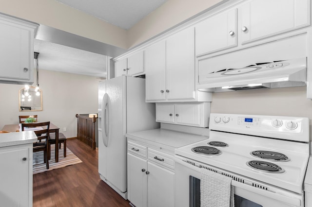 kitchen featuring white appliances, dark wood-style flooring, light countertops, white cabinets, and under cabinet range hood