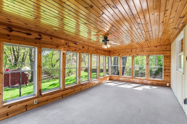 unfurnished sunroom with carpet, wooden walls, and wooden ceiling