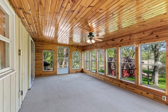 unfurnished sunroom featuring healthy amount of natural light, wooden walls, carpet flooring, and wood ceiling