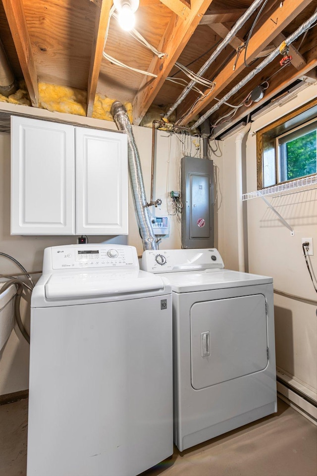 washroom with independent washer and dryer, electric panel, cabinet space, and baseboard heating