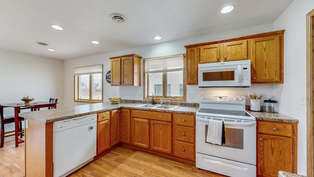 930 5th Ave, Goodhue, MN 55027 - kitchen featuring white appliances, a peninsula, visible vents, a sink, and brown cabinets