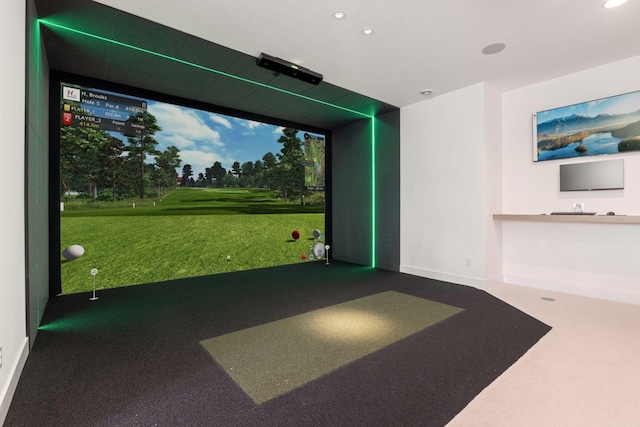 recreation room featuring recessed lighting, baseboards, carpet, and golf simulator