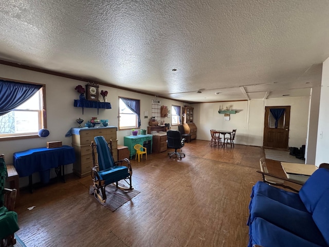 living room featuring a textured ceiling and wood finished floors