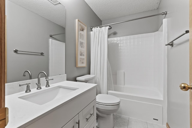 full bath featuring vanity, tile patterned flooring, shower / bath combo with shower curtain, toilet, and a textured ceiling