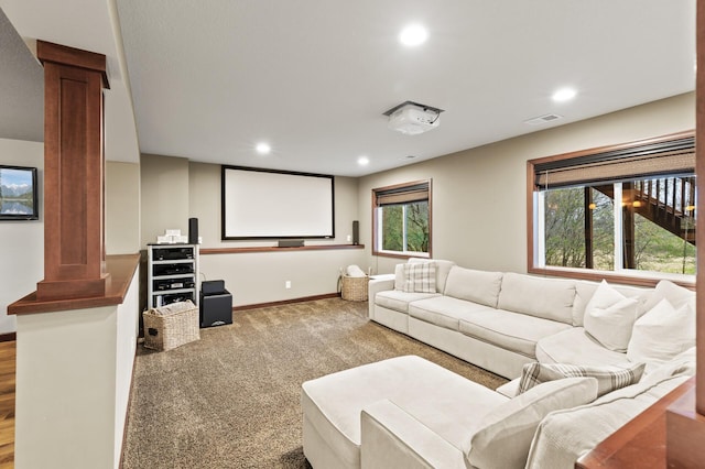 home theater featuring recessed lighting, decorative columns, and visible vents