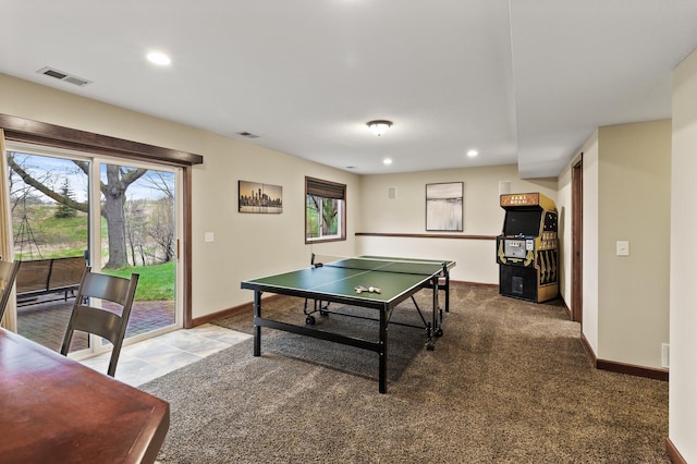 game room featuring baseboards, carpet flooring, recessed lighting, and visible vents