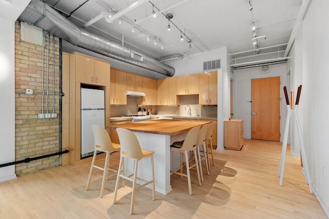 290 Market St Unit 314, Minneapolis, MN 55405 - kitchen featuring freestanding refrigerator, light wood finished floors, butcher block countertops, and visible vents