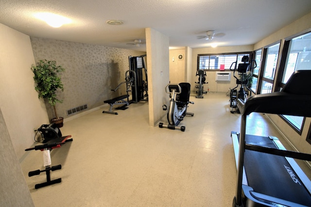 2495 Canabury Dr Unit 125, Little Canada, MN 55117 - workout area with visible vents, ceiling fan, a textured ceiling, and wallpapered walls