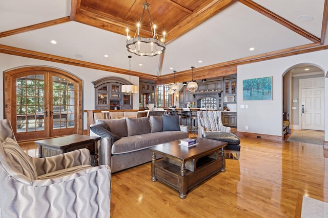 6425 Virginia Dr, Victoria, MN 55331 - living room featuring arched walkways, a chandelier, light wood-type flooring, recessed lighting, and wooden ceiling