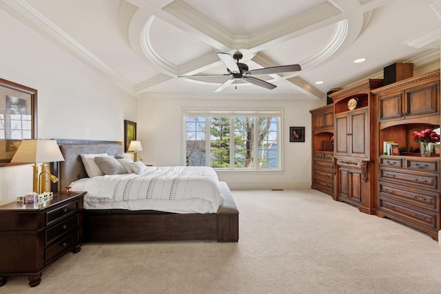 6425 Virginia Dr, Victoria, MN 55331 - bedroom featuring light carpet, coffered ceiling, ornamental molding, beam ceiling, and a ceiling fan