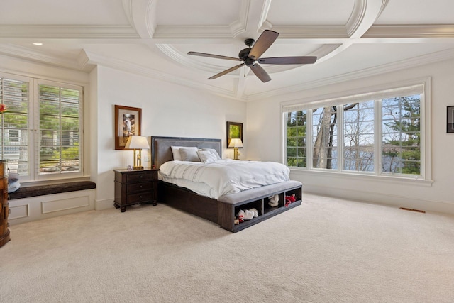 6425 Virginia Dr, Victoria, MN 55331 - bedroom with coffered ceiling, ornamental molding, carpet flooring, beam ceiling, and a water view