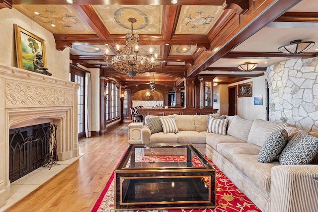 6425 Virginia Dr, Victoria, MN 55331 - living area with a chandelier, ornamental molding, beamed ceiling, wood finished floors, and coffered ceiling