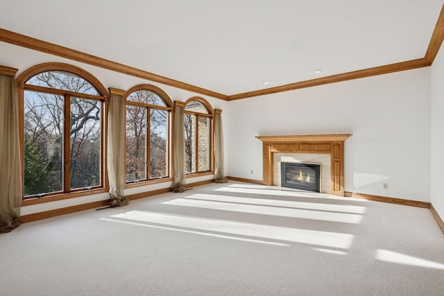 4 Antrim Ter, Edina, MN 55439 - unfurnished living room with crown molding, carpet floors, baseboards, and a tile fireplace