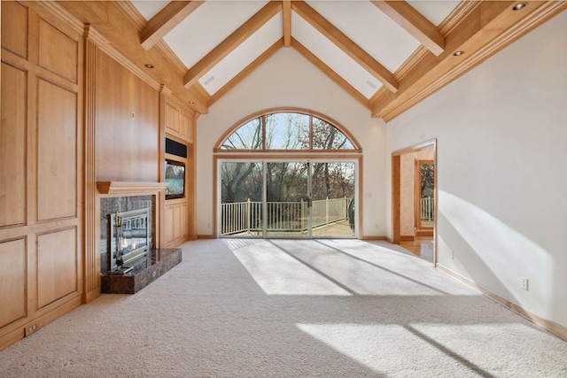 4 Antrim Ter, Edina, MN 55439 - unfurnished living room featuring high vaulted ceiling, a tiled fireplace, carpet, and beam ceiling