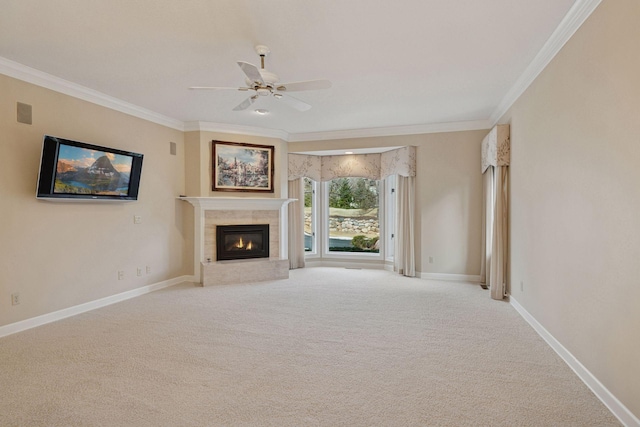 4 Antrim Ter, Edina, MN 55439 - unfurnished living room with baseboards, a fireplace, crown molding, ceiling fan, and carpet