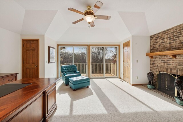 4 Antrim Ter, Edina, MN 55439 - living area with ceiling fan, a fireplace, carpet flooring, lofted ceiling, and baseboards