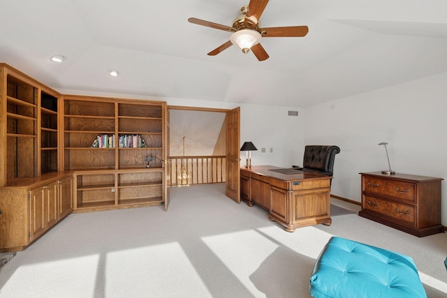 4 Antrim Ter, Edina, MN 55439 - office with light carpet, recessed lighting, vaulted ceiling, and a ceiling fan