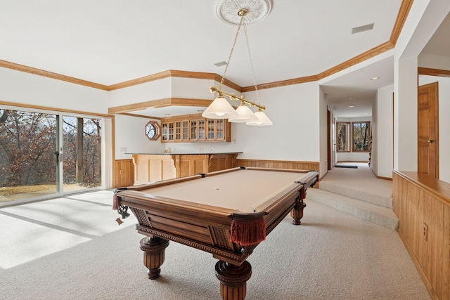4 Antrim Ter, Edina, MN 55439 - playroom featuring visible vents, ornamental molding, wet bar, wainscoting, and light colored carpet