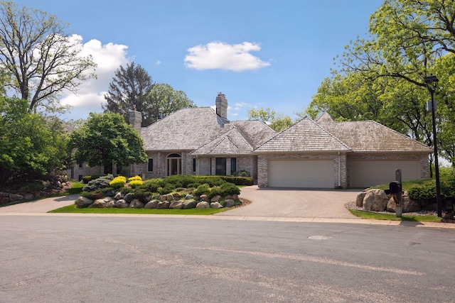 4 Antrim Ter, Edina, MN 55439 - view of front of house with an attached garage, a chimney, driveway, and brick siding