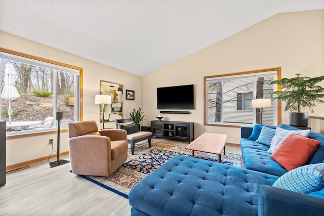 6108 Creek Line Dr, Minnetonka, MN 55345 - living area with baseboards, visible vents, wood finished floors, and vaulted ceiling