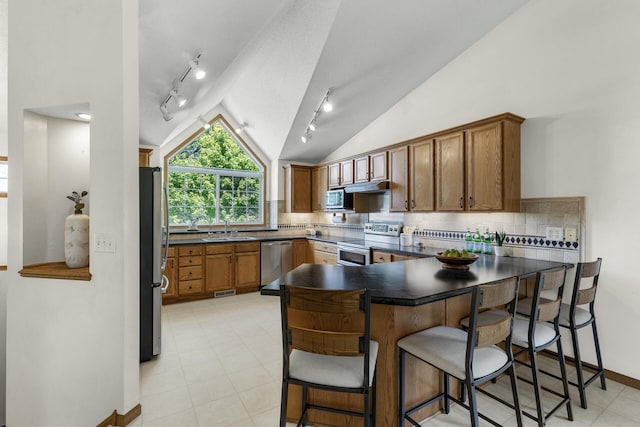 2294 Mathias Rd, Shakopee, MN 55379 - kitchen with appliances with stainless steel finishes, a peninsula, vaulted ceiling, dark countertops, and tasteful backsplash
