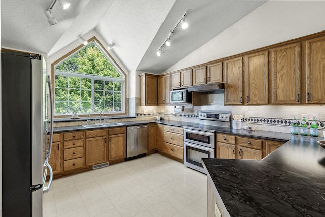 2294 Mathias Rd, Shakopee, MN 55379 - kitchen featuring appliances with stainless steel finishes, lofted ceiling, a textured ceiling, track lighting, and under cabinet range hood