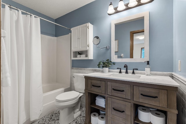 2294 Mathias Rd, Shakopee, MN 55379 - bathroom featuring vanity, shower / bath combination with curtain, wainscoting, tile patterned floors, and tile walls
