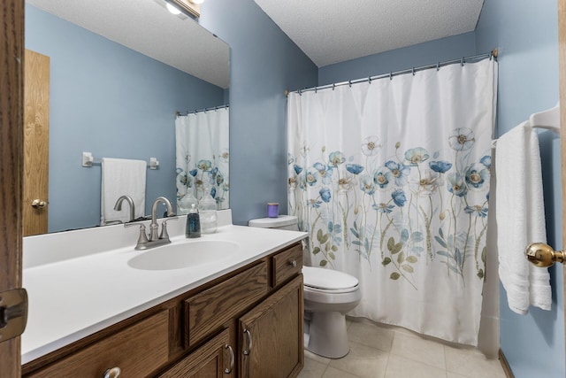 2294 Mathias Rd, Shakopee, MN 55379 - full bathroom featuring vanity, a textured ceiling, tile patterned floors, and a shower with shower curtain
