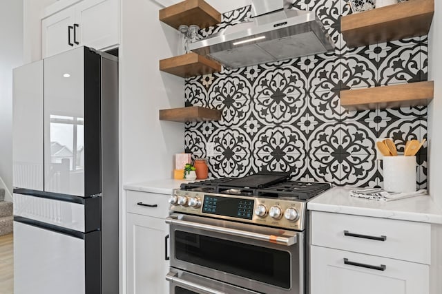 1764 Brandt Dr NE, Byron, MN 55920 - kitchen with open shelves, smart refrigerator, gas range, ventilation hood, and tasteful backsplash