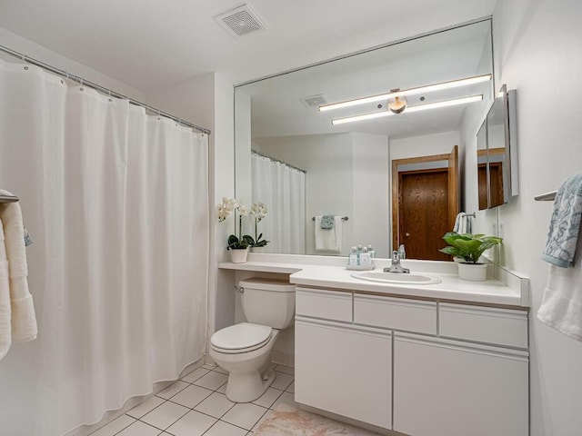 full bathroom with visible vents, tile patterned floors, toilet, and vanity