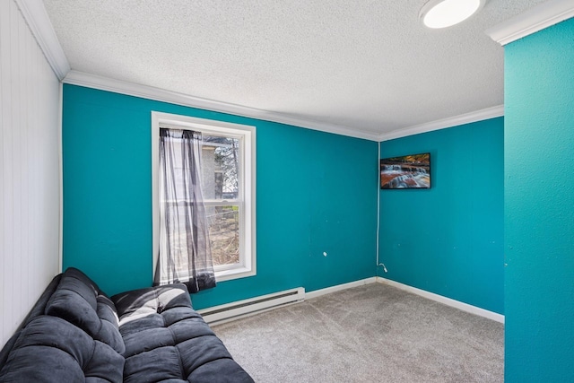 538 Jackson Ave NW, Elk River, MN 55330 - living area with carpet floors, a textured ceiling, a baseboard radiator, and crown molding
