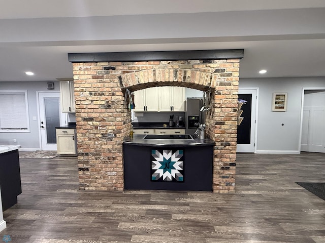 436 2nd Ave E, Halstad, MN 56548 - kitchen with baseboards, dark wood-style floors, dark countertops, recessed lighting, and white cabinets