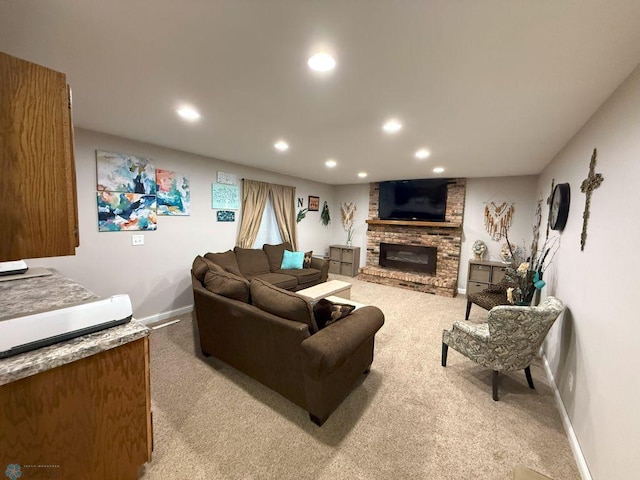 436 2nd Ave E, Halstad, MN 56548 - living room with light carpet, baseboards, recessed lighting, and a fireplace