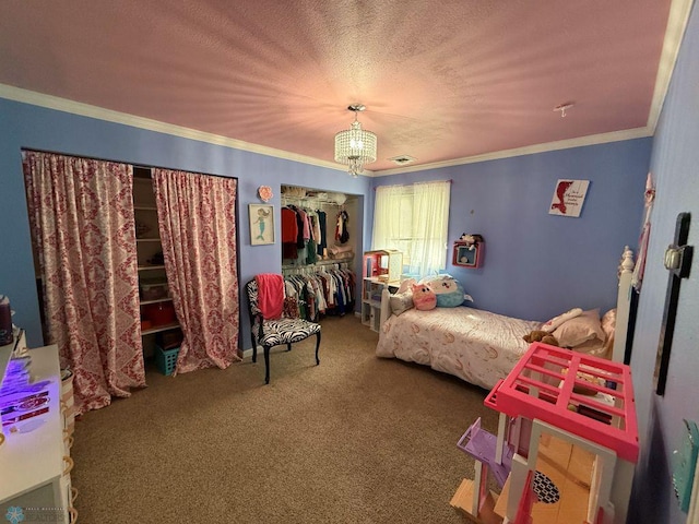 436 2nd Ave E, Halstad, MN 56548 - carpeted bedroom with ornamental molding, a chandelier, a closet, and a textured ceiling