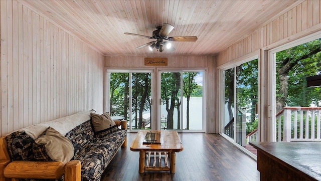 sunroom / solarium featuring wooden walls, hardwood / wood-style floors, and wooden ceiling
