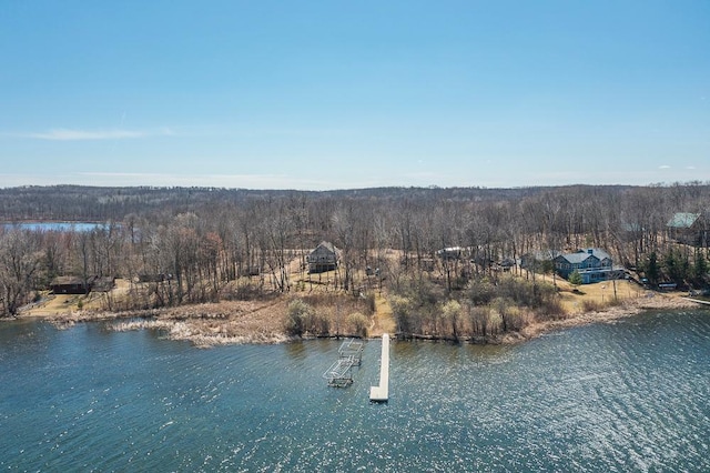 drone / aerial view of a heavily wooded area and a large body of water