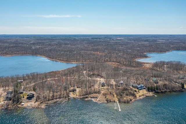 aerial view of property's location featuring a heavily wooded area and a nearby body of water