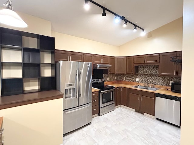 953 14th Ln SE, Cambridge, MN 55008 - kitchen featuring stainless steel appliances, track lighting, open shelves, vaulted ceiling, and under cabinet range hood
